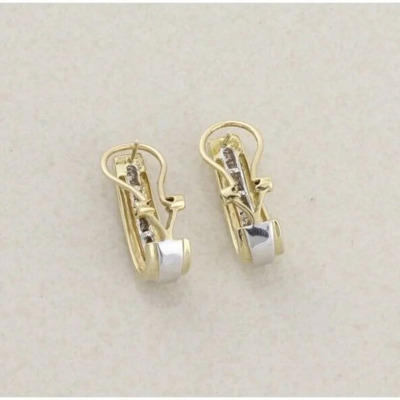 10k Yellow Gold & White Gold Diamond Hoop Earrings Omega Back - Picture 8 of 8